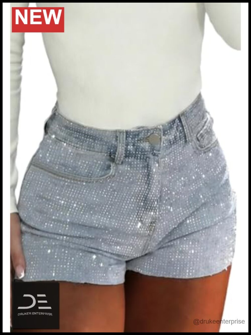 High Waisted Rhinestone Jean Shorts Sparkly Denim Stretchy Y2K Raw Hem Straight